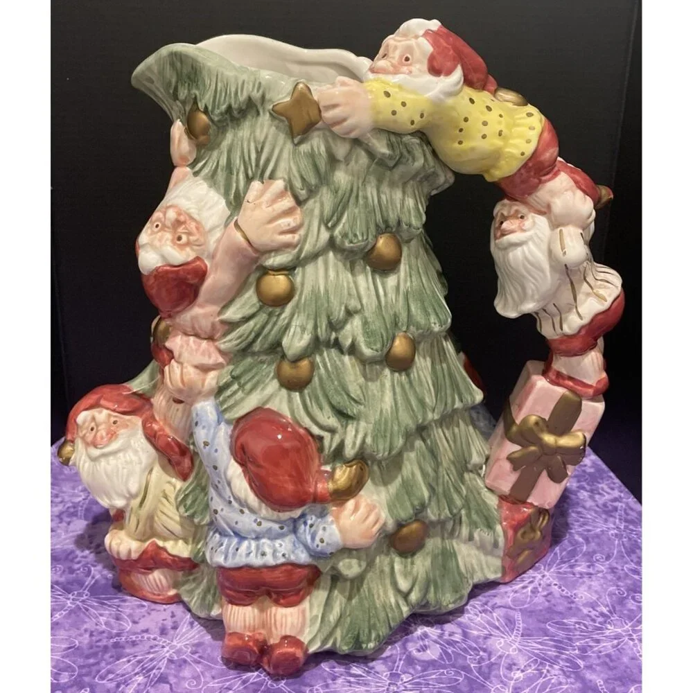 Vintage 1989 Fitz and Floyd Old World Christmas Elves Trim A Tree‎ Pitcher 2 QT